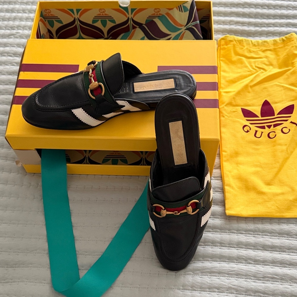 Gucci Black and white  Princetown mules with Adidas stripes and gold horsebit